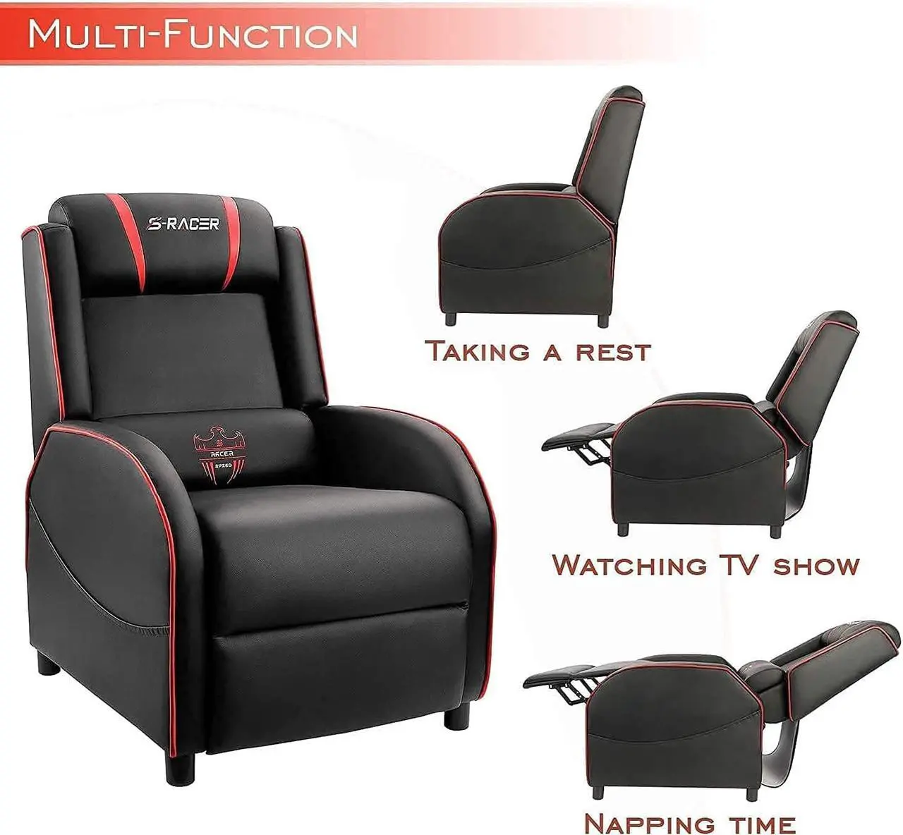 Alt view image 7 of 7 - Homall Gaming Massage Recliner Chair Racing Style Single Living Room Sofa Recliner PU Leather Recliner Seat Comfortable Ergonomic Home Theater Seating (Red)