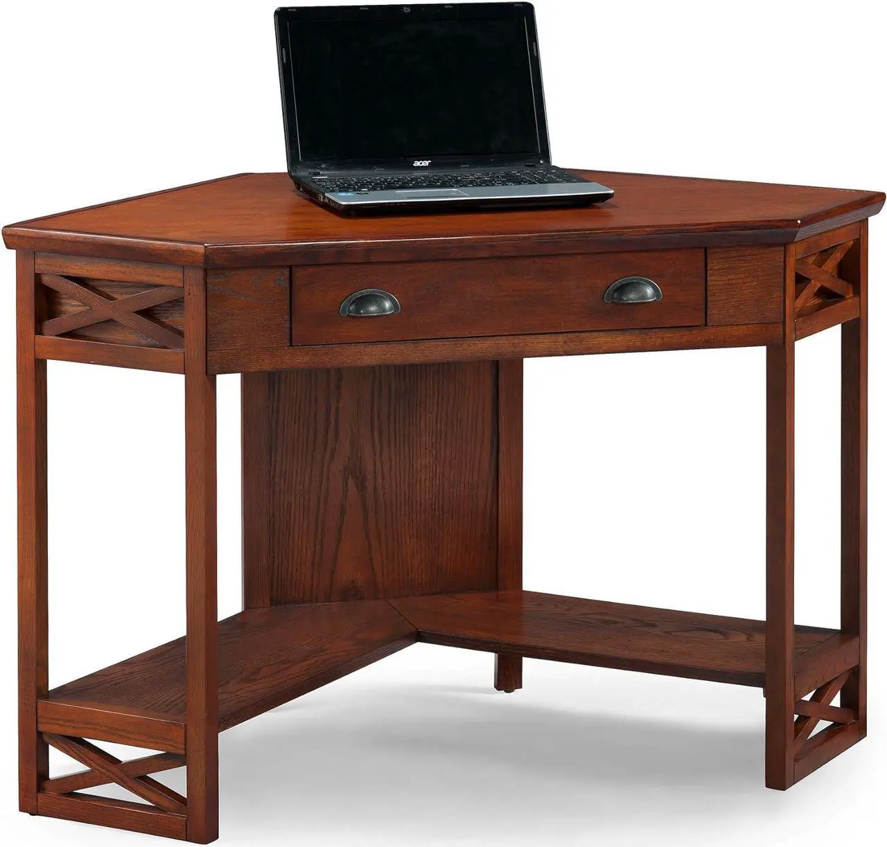 Alt view image 3 of 7 - Leick Home 82431 Corner Computer Writing Desk with Drop Front Keyboard Drawer, Oak