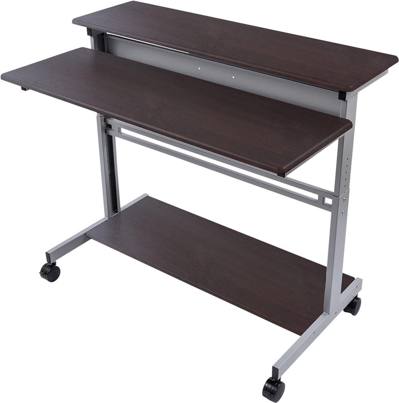 Alt view image 4 of 6 - Stand Up Desk Store Rolling Adjustable Height Two Tier Standing Desk Computer Workstation (Silver Frame/Dark Walnut Top, 48" Wide)