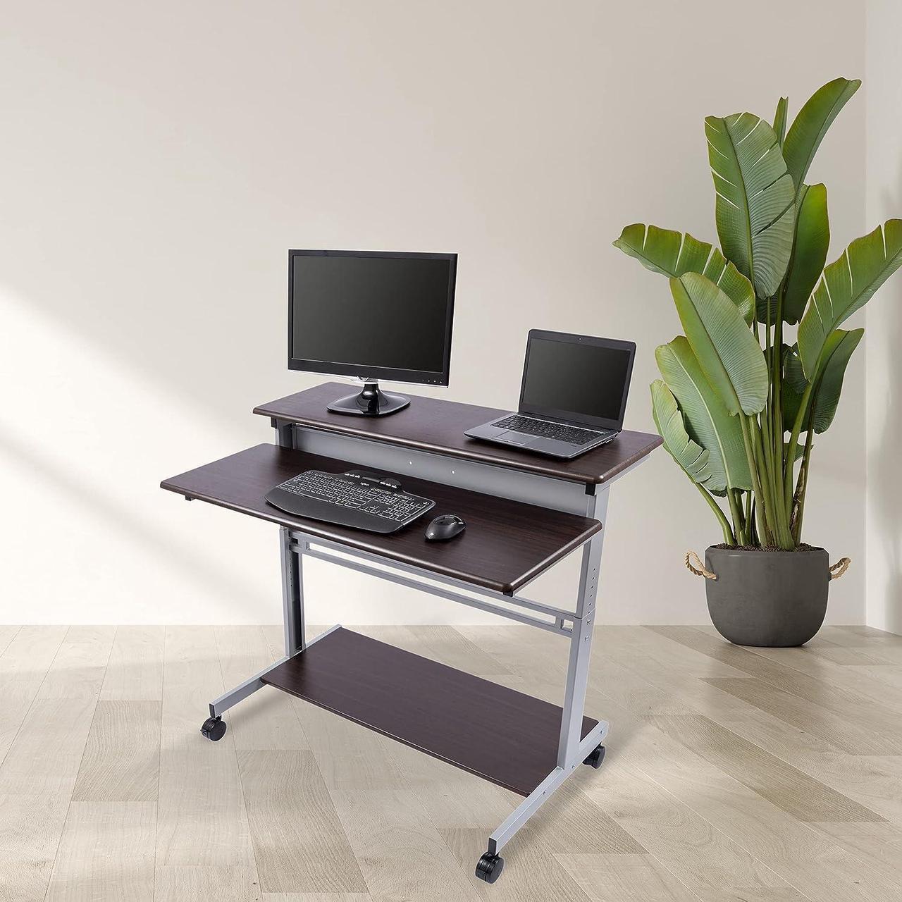 Alt view image 2 of 6 - Stand Up Desk Store Rolling Adjustable Height Two Tier Standing Desk Computer Workstation (Silver Frame/Dark Walnut Top, 48" Wide)