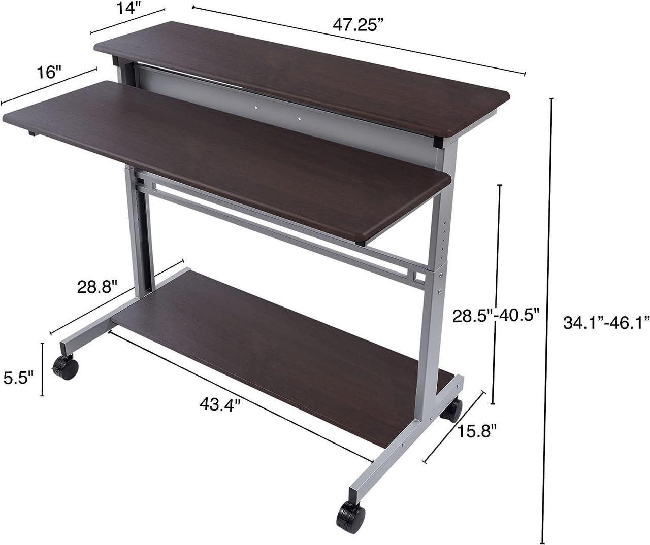 Alt view image 3 of 6 - Stand Up Desk Store Rolling Adjustable Height Two Tier Standing Desk Computer Workstation (Silver Frame/Dark Walnut Top, 48" Wide)