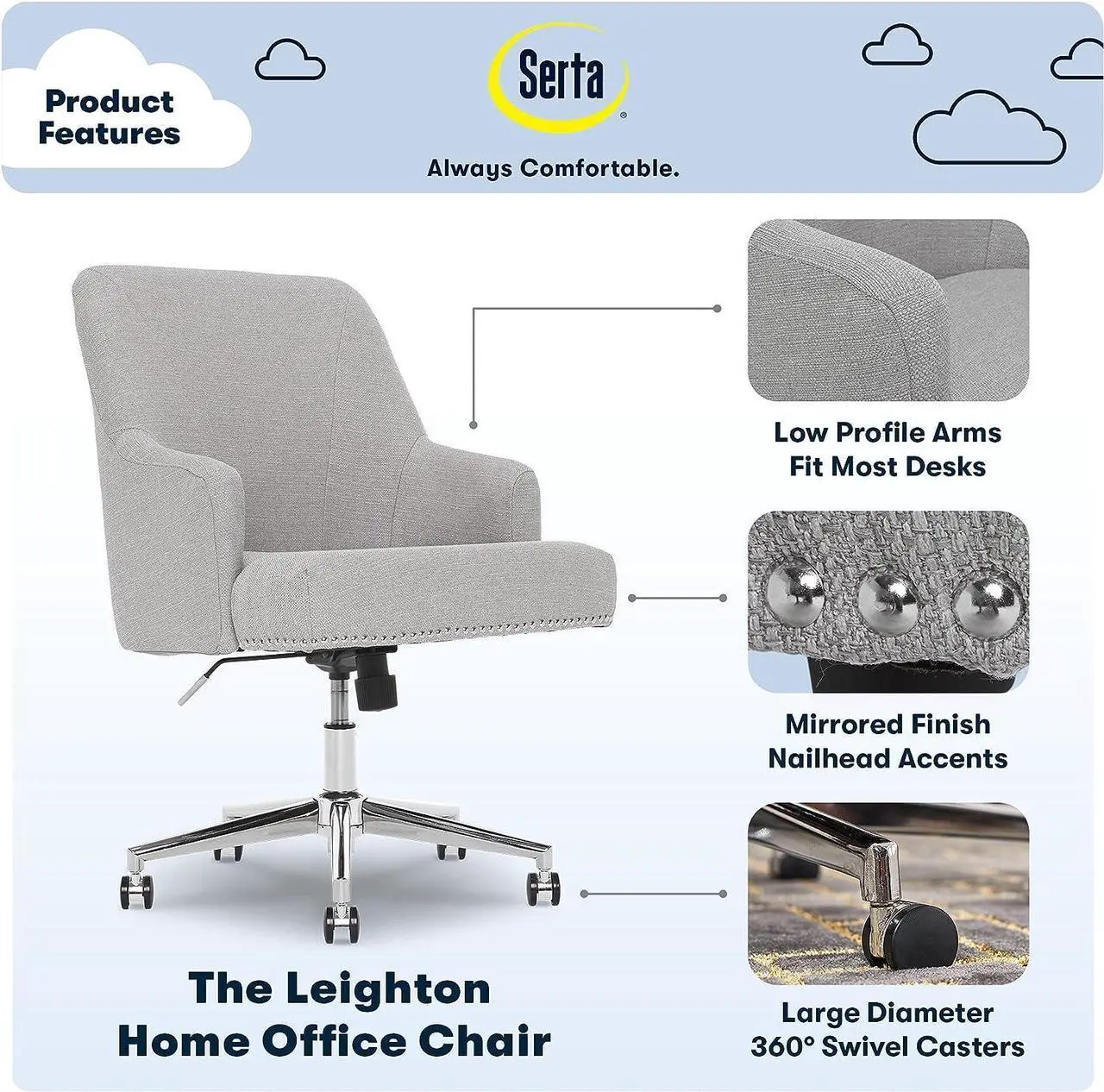 Alt view image 3 of 7 - Serta Leighton Home Office Memory Foam, Height-Adjustable Desk Accent Chair with Chrome-Finished Stainless-Steel Base, Light Gray