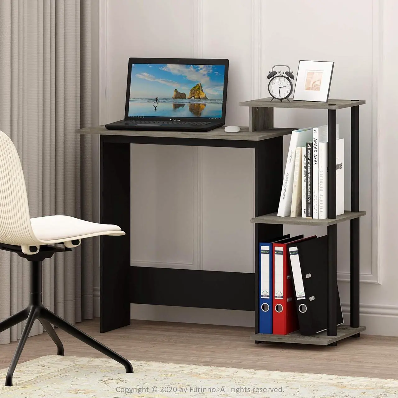 Alt view image 2 of 7 - Furinno Efficient Home Laptop Notebook Computer Desk with Square Shelves, French Oak/Black