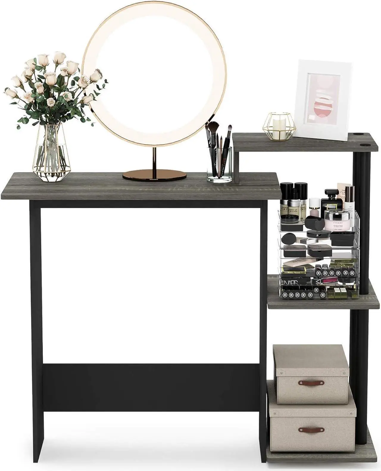 Alt view image 5 of 7 - Furinno Efficient Home Laptop Notebook Computer Desk with Square Shelves, French Oak/Black