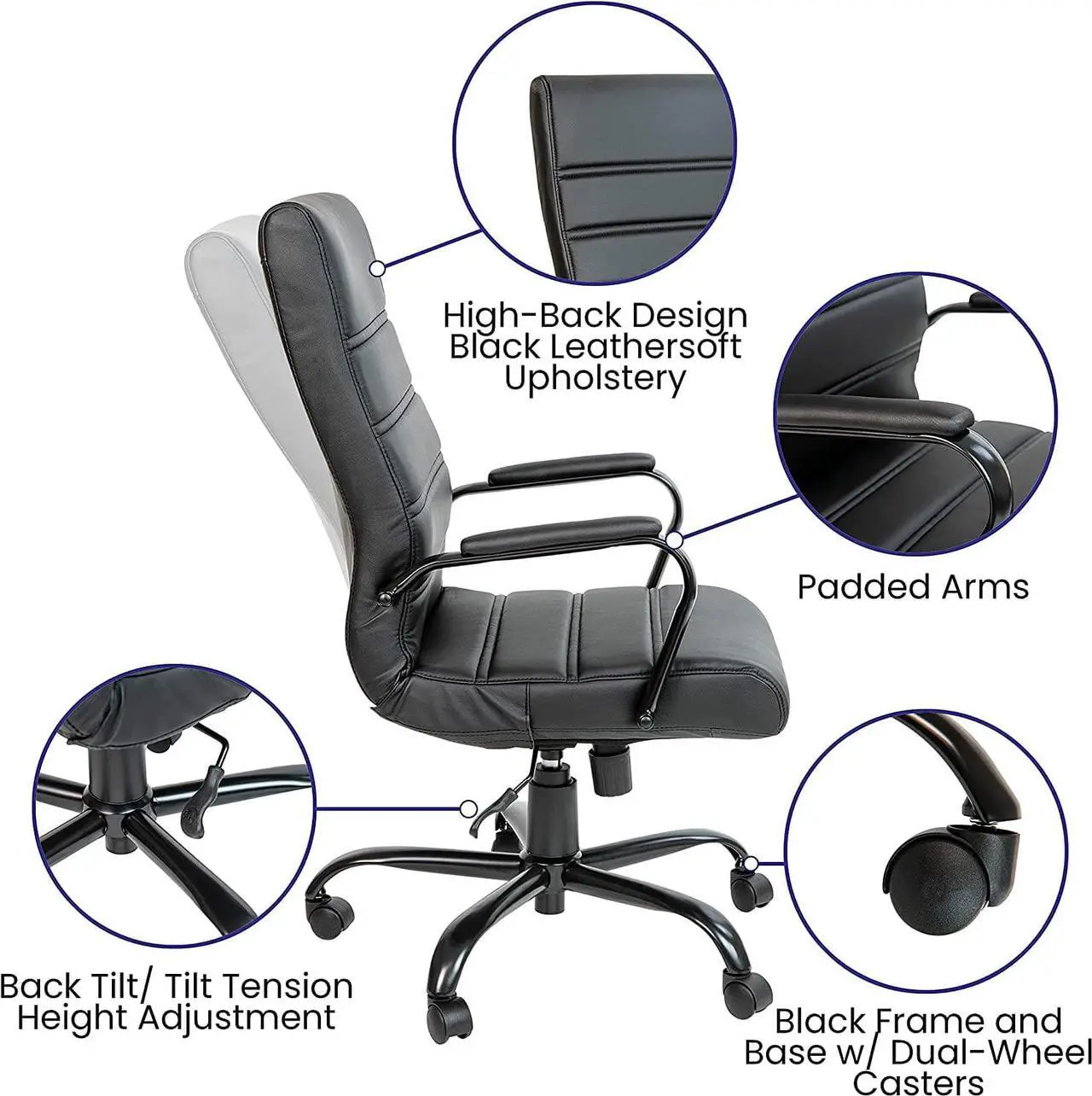Alt view image 5 of 7 - Merrick Lane Milano Contemporary High-Back Black Faux Leather Home Office Chair with Padded Black Arms