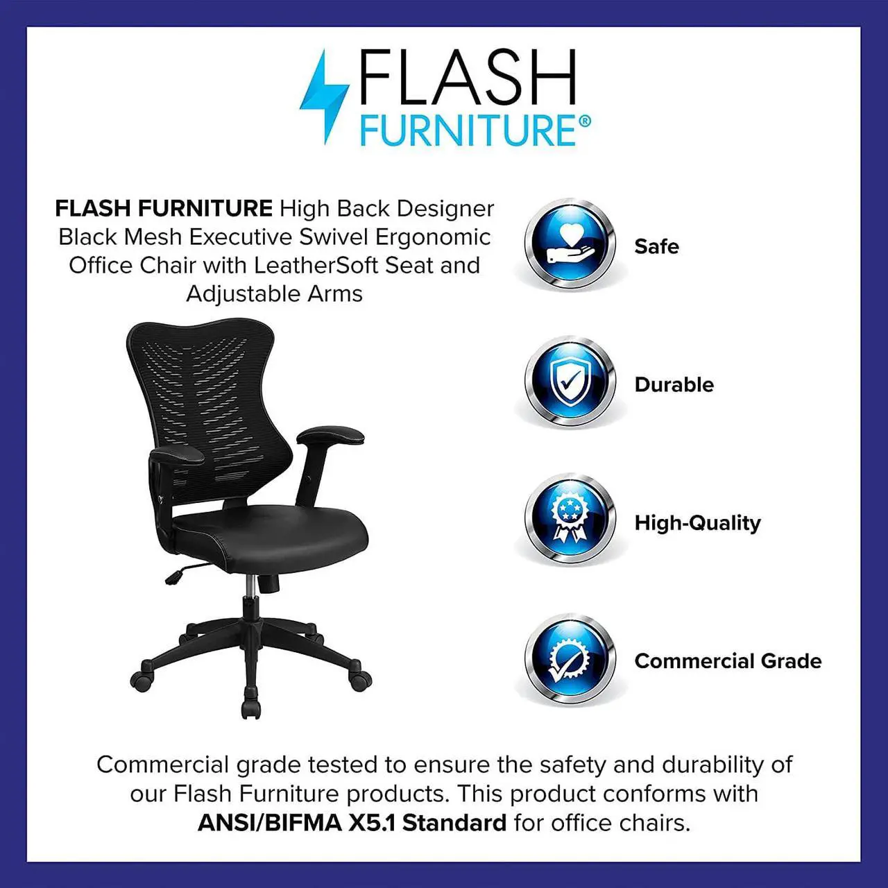 Alt view image 4 of 6 - Flash Furniture Kale High Back Designer Black Mesh Executive Swivel Ergonomic Office Chair with LeatherSoft Seat and Adjustable Arms