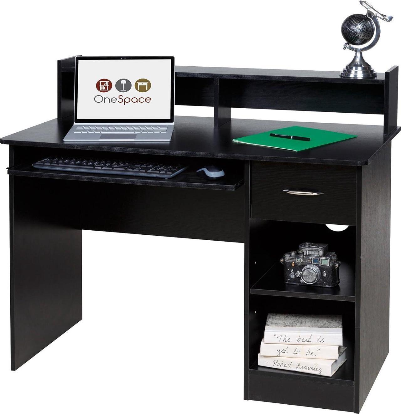 Alt view image 4 of 7 - OneSpace Essential Computer Desk, Hutch with Pull-Out Keyboard, Black