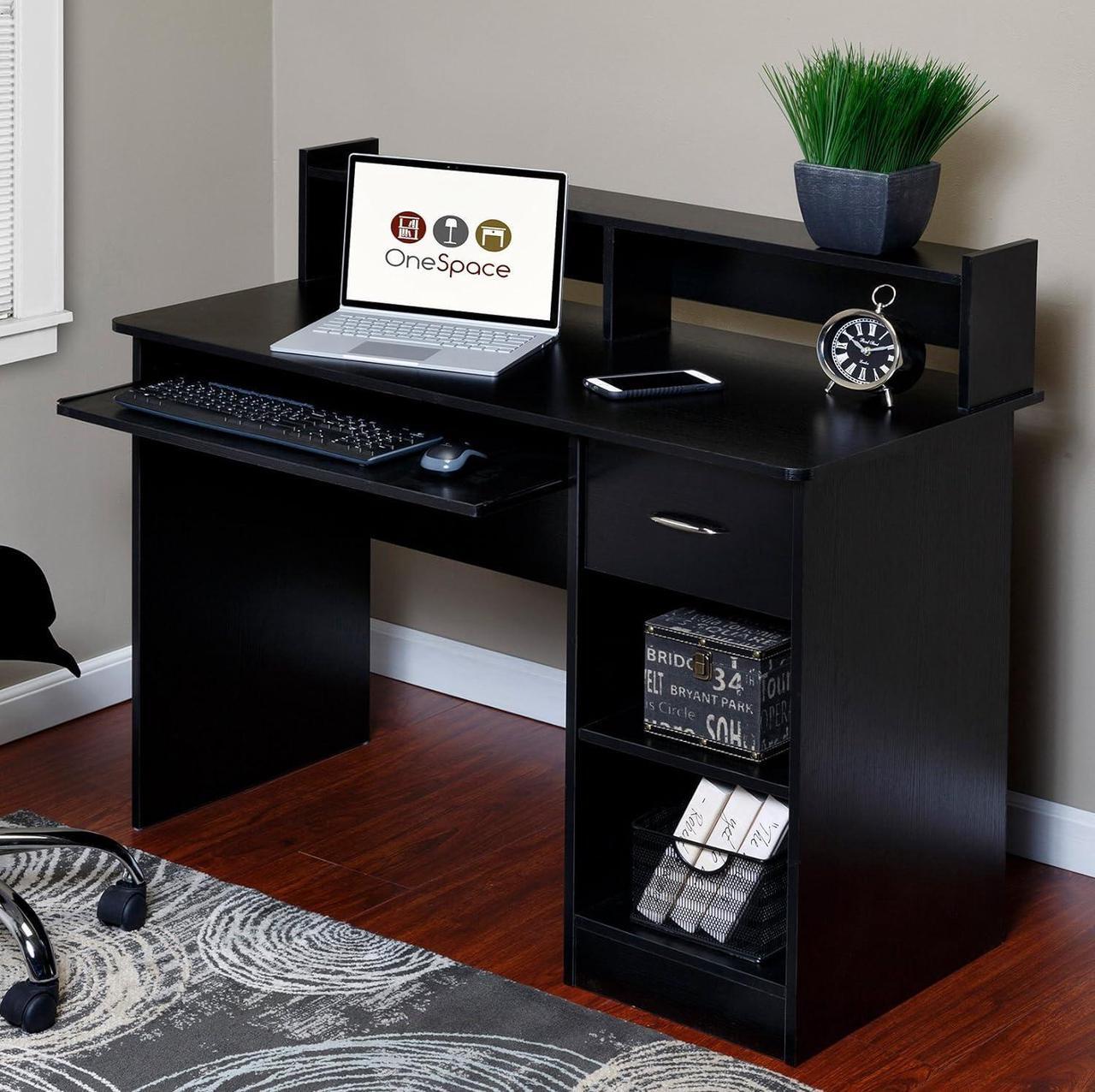 Alt view image 2 of 7 - OneSpace Essential Computer Desk, Hutch with Pull-Out Keyboard, Black