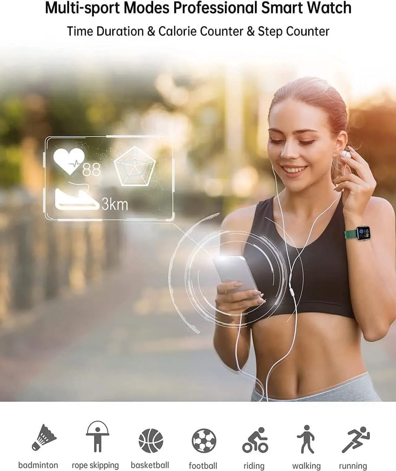 Alt view image 4 of 6 - Smart Watch, Popglory Smartwatch with Blood Pressure, Blood Oxygen Monitor, Fitness Tracker with Heart Rate Monitor, Full Touch Fitness Watch for Android & iOS for Men Women