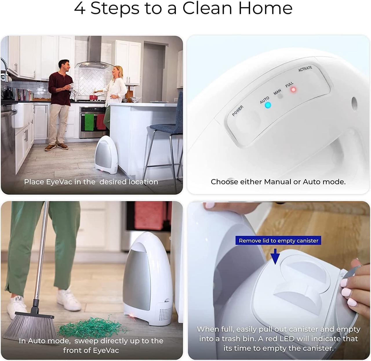 Alt view image 4 of 7 - EyeVac Home Touchless Vacuum Automatic Dustpan - Great for Sweeping Pet Hair Food Dirt Kitchen - Ultra Fast & Powerful, Corded Canister Vacuum, Bagless, Automatic Sensors, 1000 Watt (White)