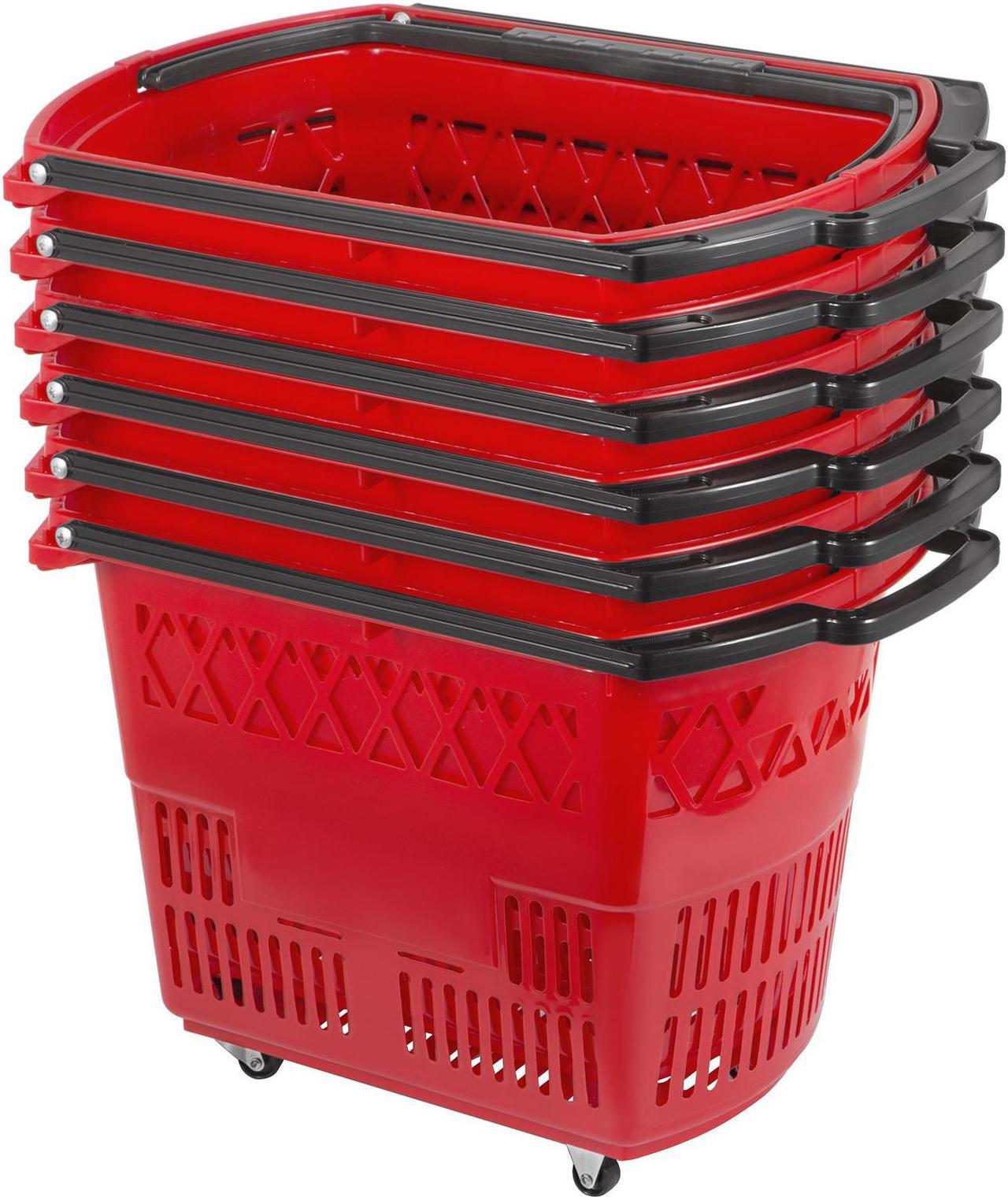 Main image of VEVOR 6PCS Shopping Carts, Plastic Rolling Shopping Basket with Wheels, Red Shopping Baskets with Handles, Portable Shopping Basket Set for Retail Store