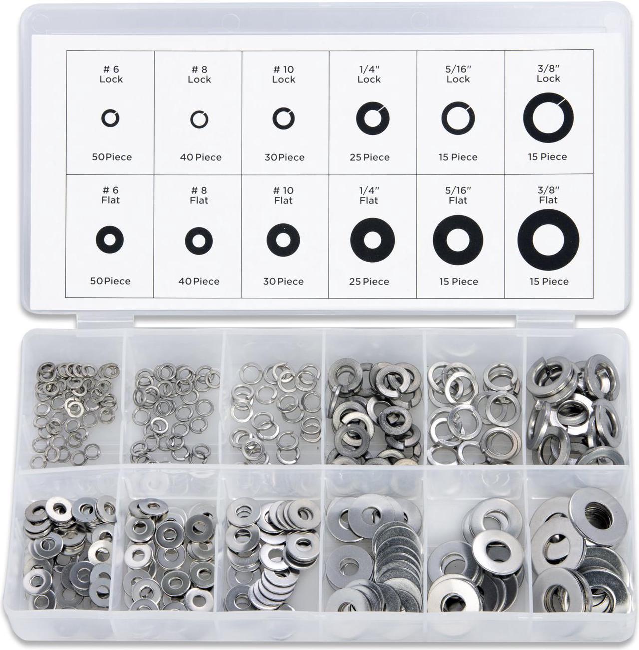 Neiko 50400A Stainless Steel Split Lock and Flat Washer Assortment | 350-Piece Pack Set