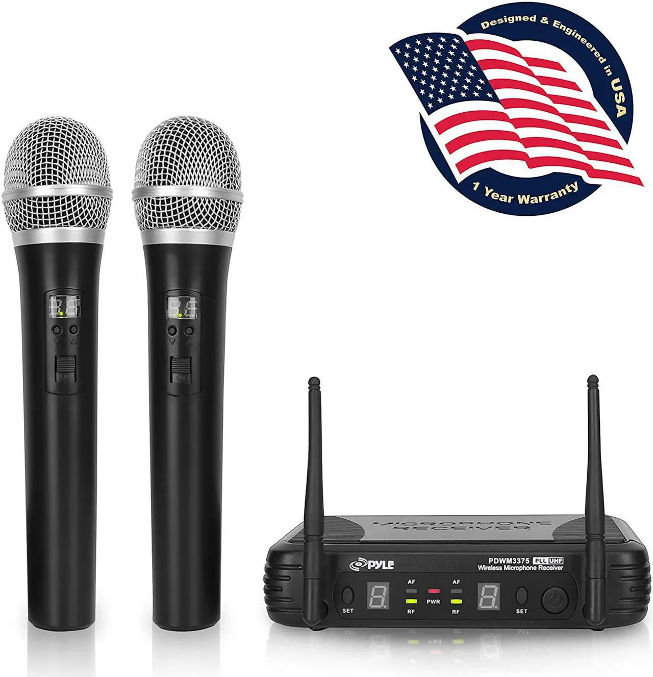 Main image of Professional Wireless Microphone System - Dual UHF Band, Wireless, Handheld, 2 MICS With 8 Selectable Frequency Channels, Independent Volume Controls, AF & RF Signal Indicators - Pyle PDWM3375