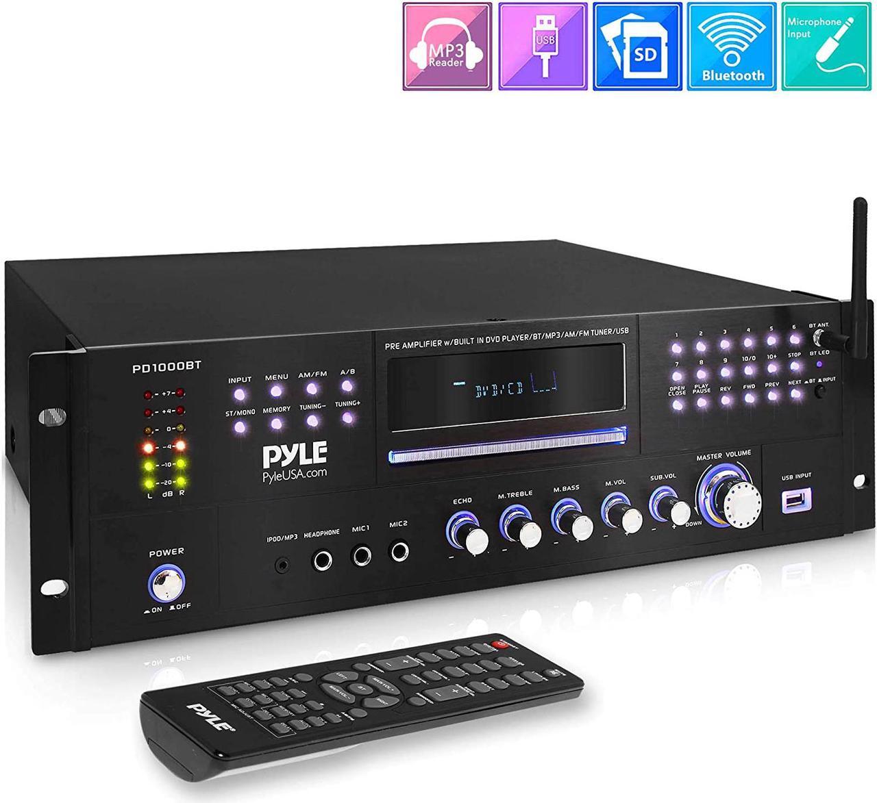 Main image of 4 Channel Pre Amplifier Receiver - 1000 Watt Rack Mount Bluetooth Home Theater-Stereo Surround Sound Preamp Receiver W/Audio/Video System, CD/DVD Player, AM/FM Radio, MP3/USB Reader - Pyle PD1000BT