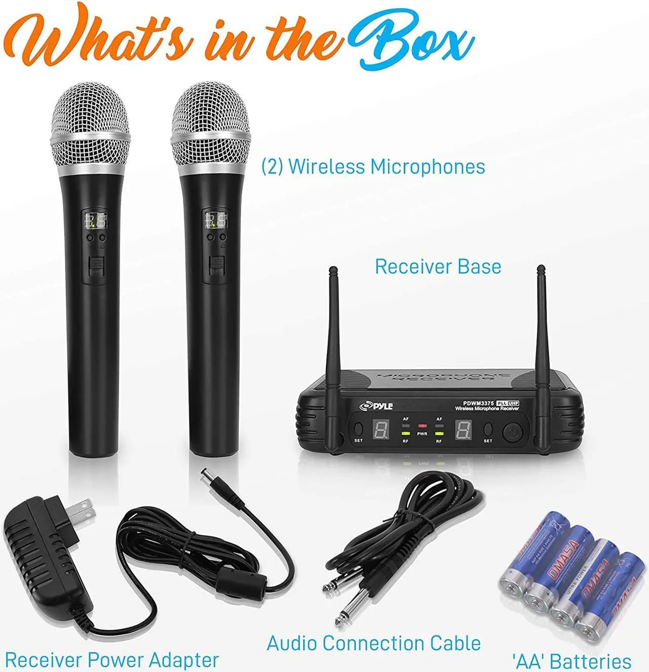 Alt view image 7 of 7 - Professional Wireless Microphone System - Dual UHF Band, Wireless, Handheld, 2 MICS With 8 Selectable Frequency Channels, Independent Volume Controls, AF & RF Signal Indicators - Pyle PDWM3375