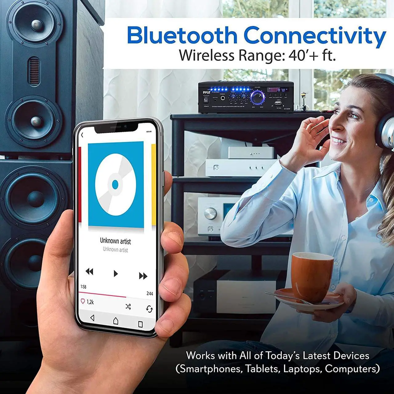 Alt view image 6 of 14 - Wireless Bluetooth Home Stereo Amplifier - 2x120 Watt Power Amplifier Home Audio Bluetooth Receiver System W/Blue Led Display, USB/SD, AUX, RCA, Headphone Jack - Remote - Pyle PCAU46BA