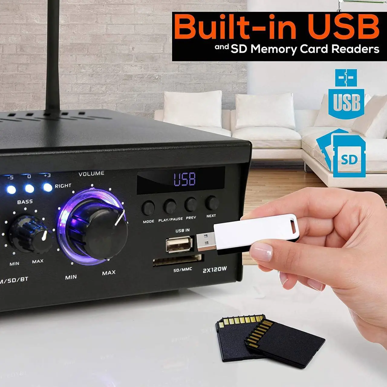 Alt view image 4 of 14 - Wireless Bluetooth Home Stereo Amplifier - 2x120 Watt Power Amplifier Home Audio Bluetooth Receiver System W/Blue Led Display, USB/SD, AUX, RCA, Headphone Jack - Remote - Pyle PCAU46BA