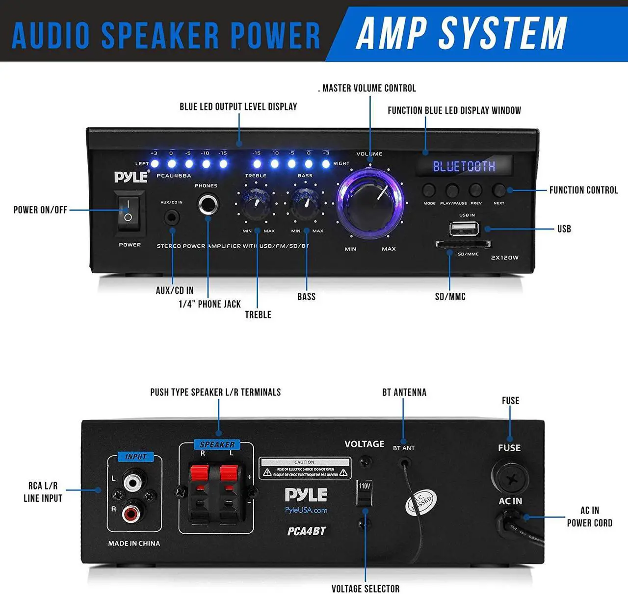 Alt view image 2 of 14 - Wireless Bluetooth Home Stereo Amplifier - 2x120 Watt Power Amplifier Home Audio Bluetooth Receiver System W/Blue Led Display, USB/SD, AUX, RCA, Headphone Jack - Remote - Pyle PCAU46BA