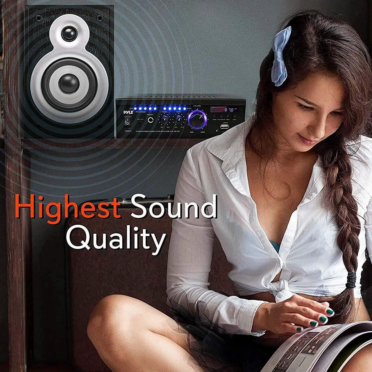 Alt view image 5 of 14 - Wireless Bluetooth Home Stereo Amplifier - 2x120 Watt Power Amplifier Home Audio Bluetooth Receiver System W/Blue Led Display, USB/SD, AUX, RCA, Headphone Jack - Remote - Pyle PCAU46BA