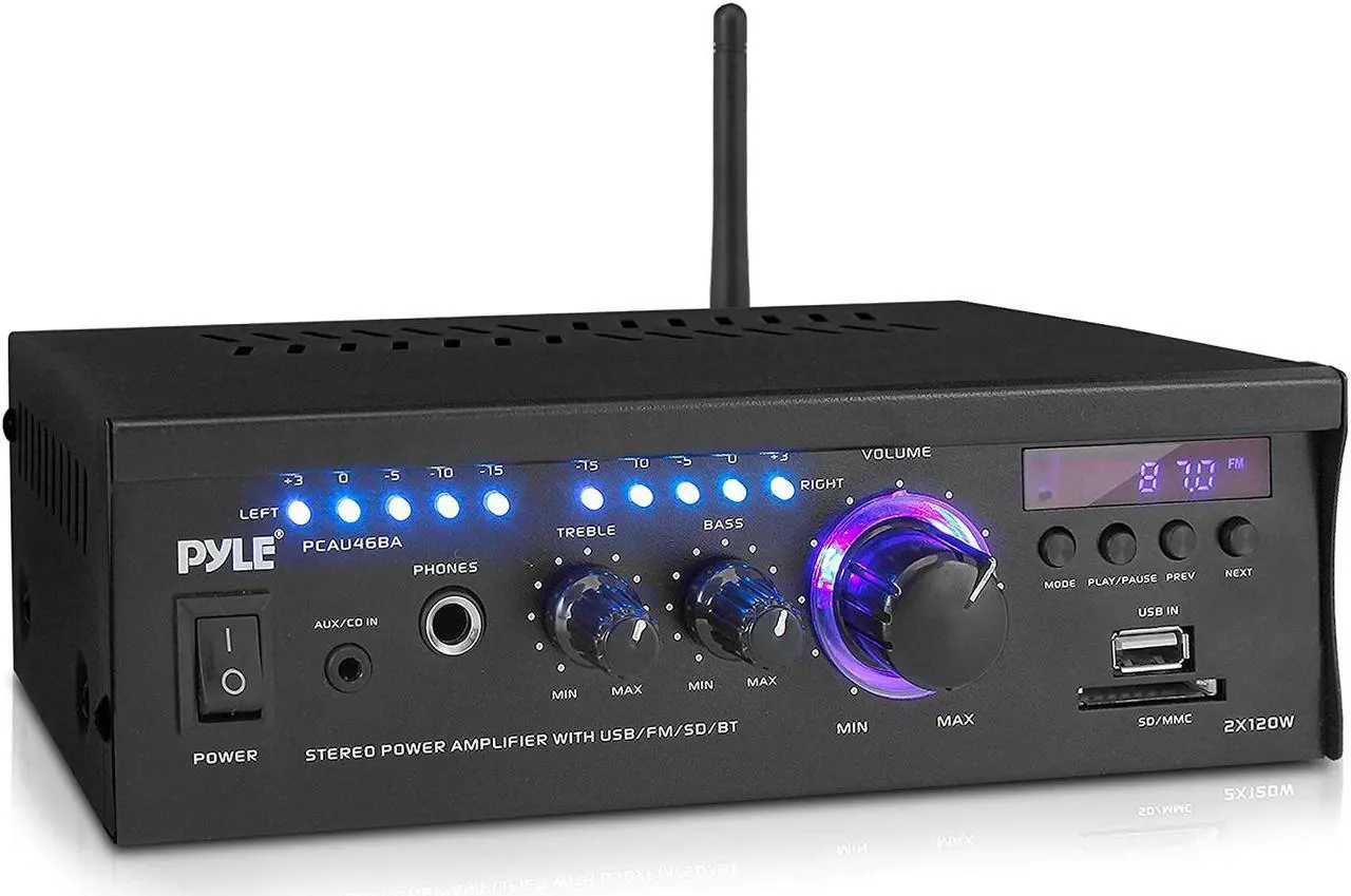 Main image of Wireless Bluetooth Home Stereo Amplifier - 2x120 Watt Power Amplifier Home Audio Bluetooth Receiver System W/Blue Led Display, USB/SD, AUX, RCA, Headphone Jack - Remote - Pyle PCAU46BA