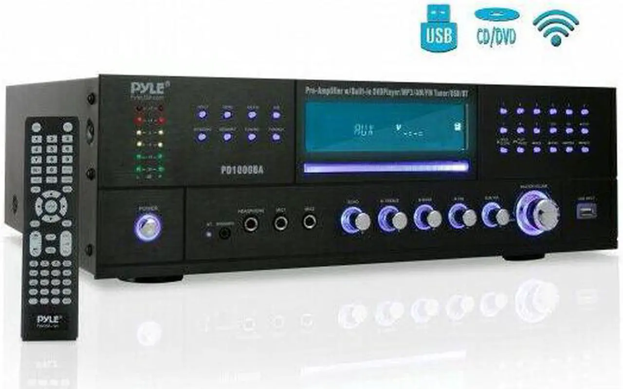 Alt view image 8 of 14 - 4-Channel Wireless Bluetooth Power Amplifier - 1000W Stereo Speaker Home Audio Receiver w/FM Radio, USB, Headphone, 2 Microphone w/Echo, Front Loading CD DVD Player, LED, Rack Mount - Pyle PD1000BA