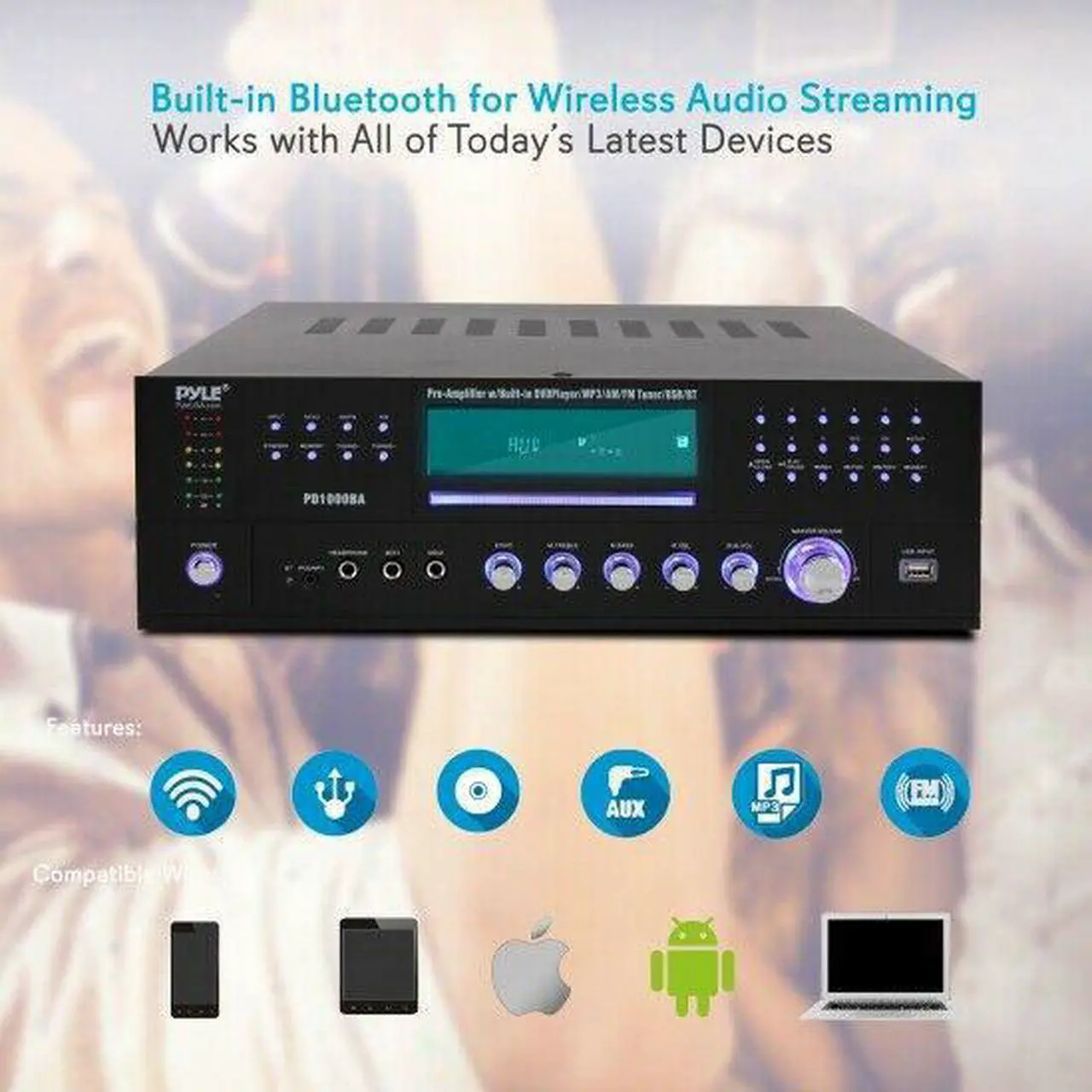 Alt view image 10 of 14 - 4-Channel Wireless Bluetooth Power Amplifier - 1000W Stereo Speaker Home Audio Receiver w/FM Radio, USB, Headphone, 2 Microphone w/Echo, Front Loading CD DVD Player, LED, Rack Mount - Pyle PD1000BA