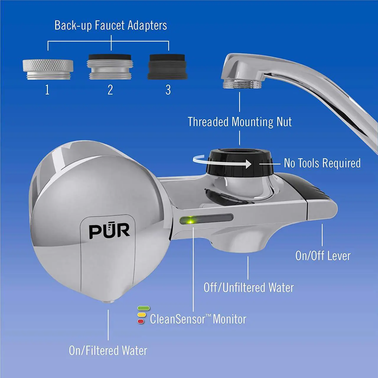 Alt view image 9 of 13 - PUR PFM400H Advanced Chrome Horizontal Water Filtration Faucet Mount with 1 Mineral Clear Filter,100 gal