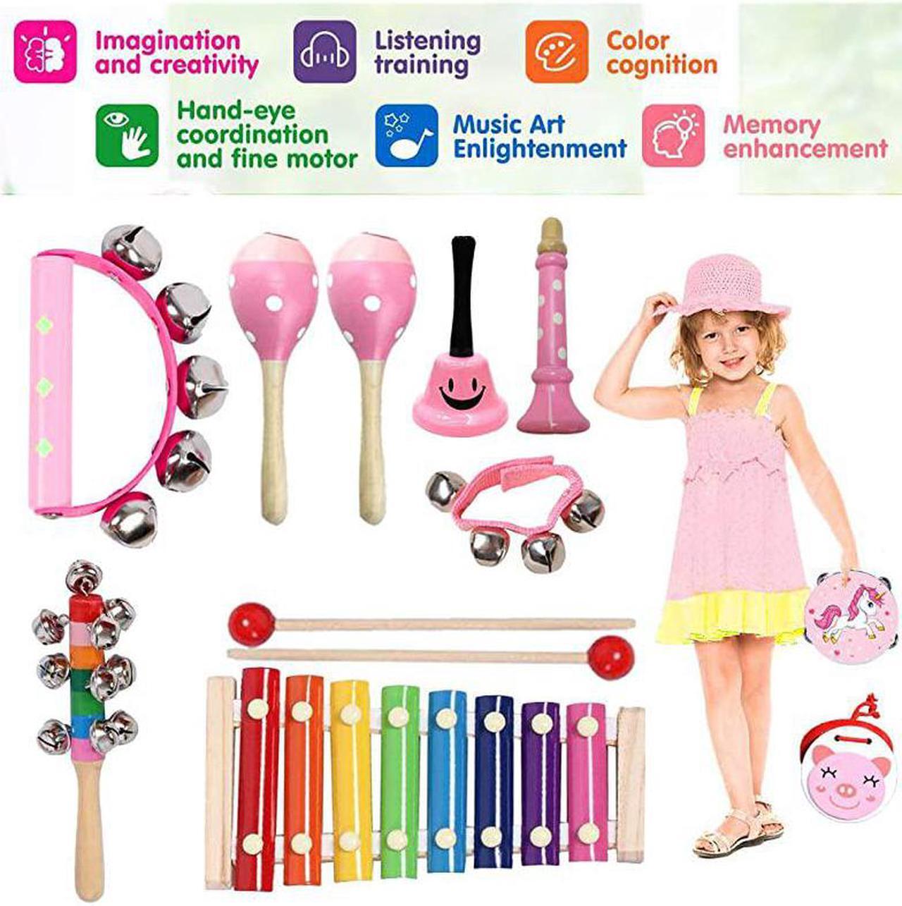 Alt view image 2 of 6 - Kids Musical Instruments Sets 12pcs Wooden Percussion Instruments Toys Tambourine Xylophone for Kids Playing Preschool Education Early Learning Musical Toys for Boys and Girls Gift Pink