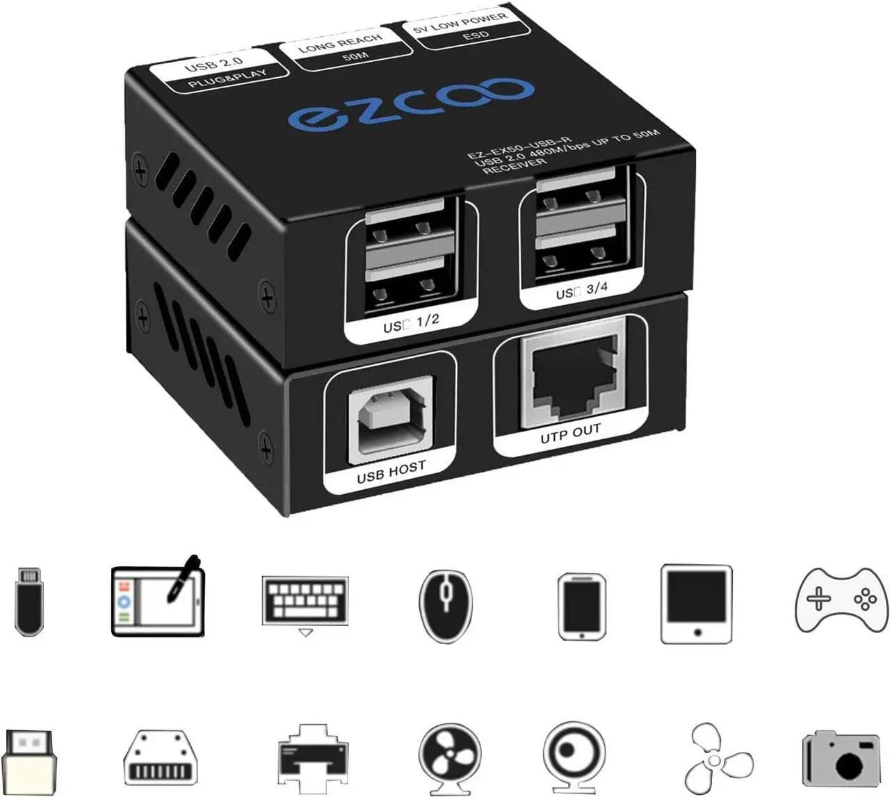 Alt view image 7 of 7 - USB Extender 165ft 50m 4-Port USB2.0 HUB by Cat5e Cat6 -Two Webcam Work Sync,Plug & Play for Camera Storage Hard Drive PC Windows,MacOS,Android,1.5m USB Cable, 5V Power USB Over Ethernet EX60USB
