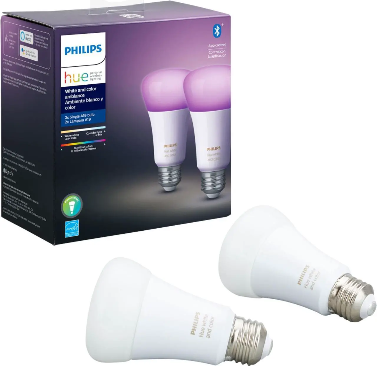 Main image of Philips Hue White and Color Ambiance 2-Pack A19 LED Smart Bulb
