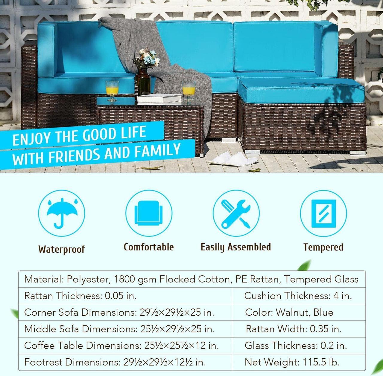 Alt view image 2 of 6 - 5pc Rattan Wicker Outdoor Furniture Set Sectional Sofa Coffee Table Walnut Blue