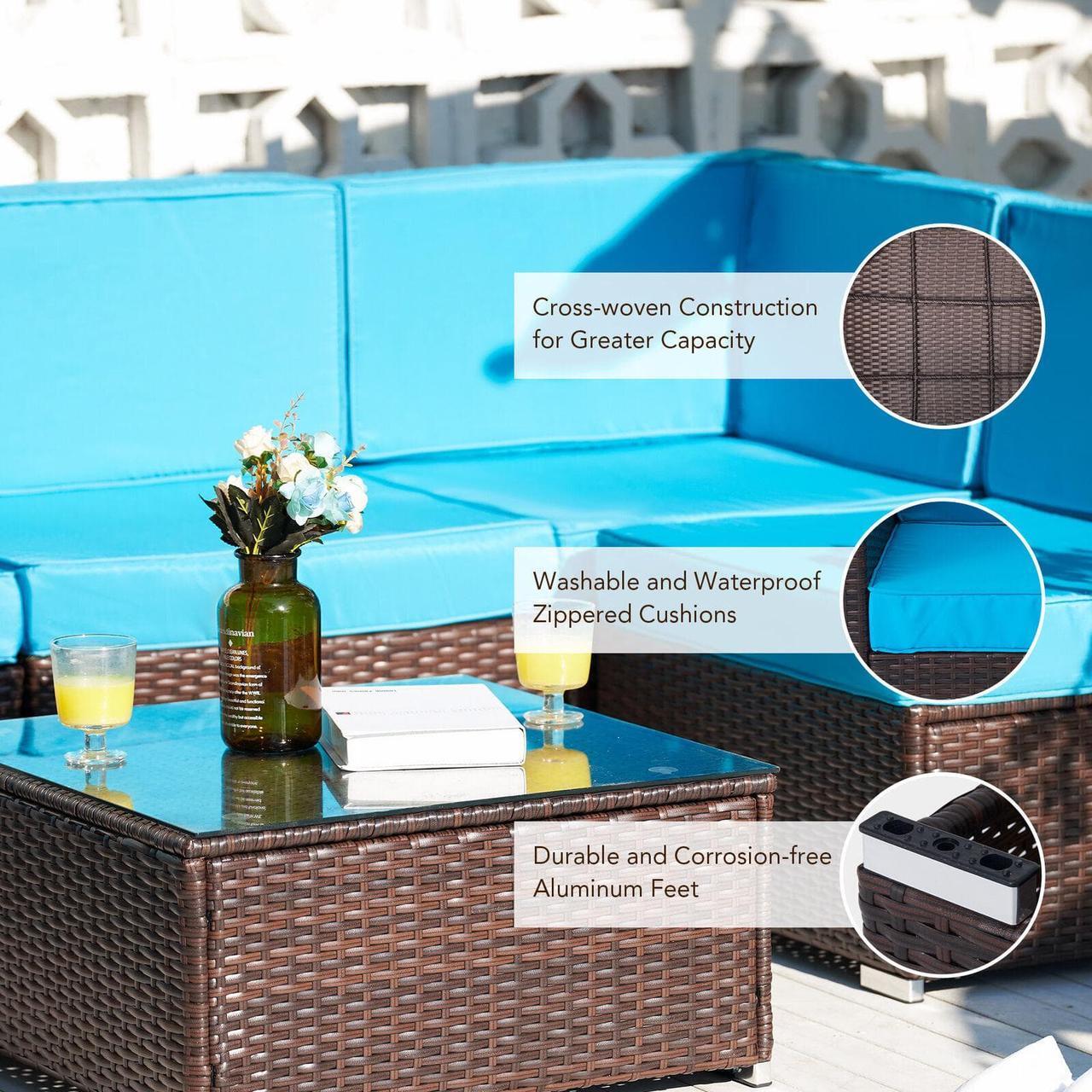 Alt view image 5 of 6 - 5pc Rattan Wicker Outdoor Furniture Set Sectional Sofa Coffee Table Walnut Blue