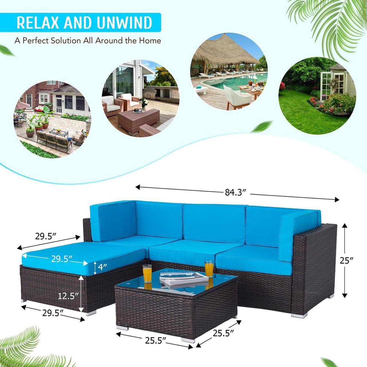 Alt view image 3 of 6 - 5pc Rattan Wicker Outdoor Furniture Set Sectional Sofa Coffee Table Walnut Blue