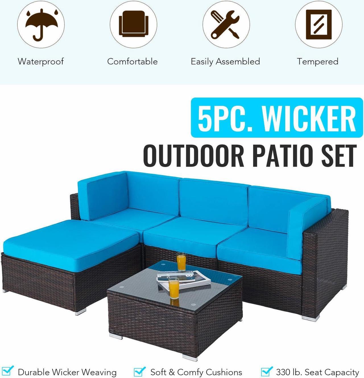 Main image of 5pc Rattan Wicker Outdoor Furniture Set Sectional Sofa Coffee Table Walnut Blue