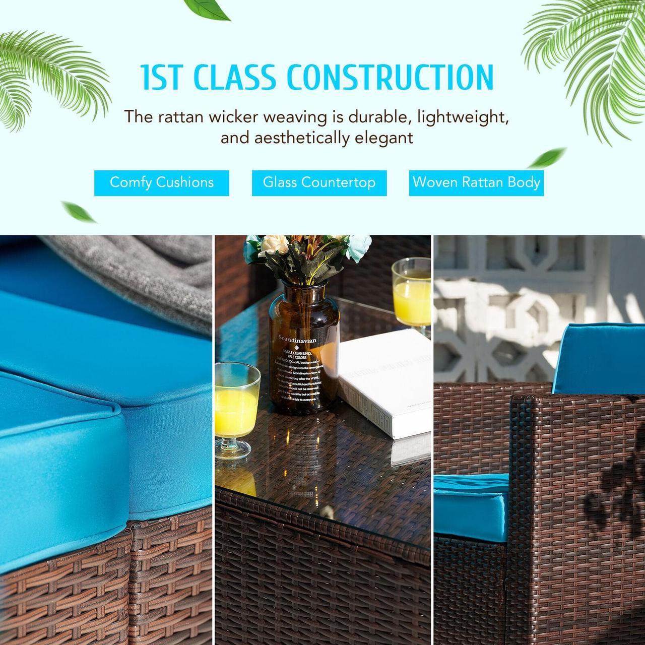 Alt view image 4 of 6 - 5pc Rattan Wicker Outdoor Furniture Set Sectional Sofa Coffee Table Walnut Blue
