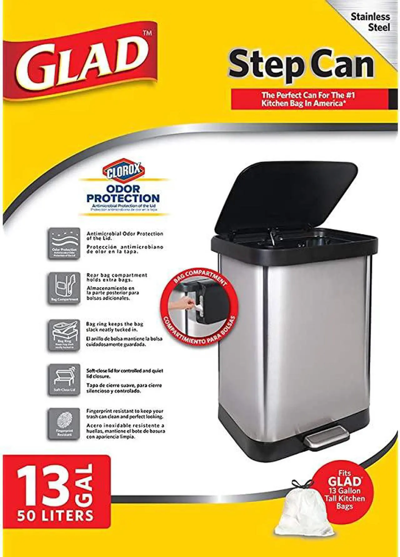 Alt view image 7 of 7 - GLD-74506 Stainless Steel Step Trash Can with Clorox Odor Protection | Large Metal Kitchen Garbage Bin with Soft Close Lid, Foot Pedal and Waste Bag Roll Holder, 13 Gallon