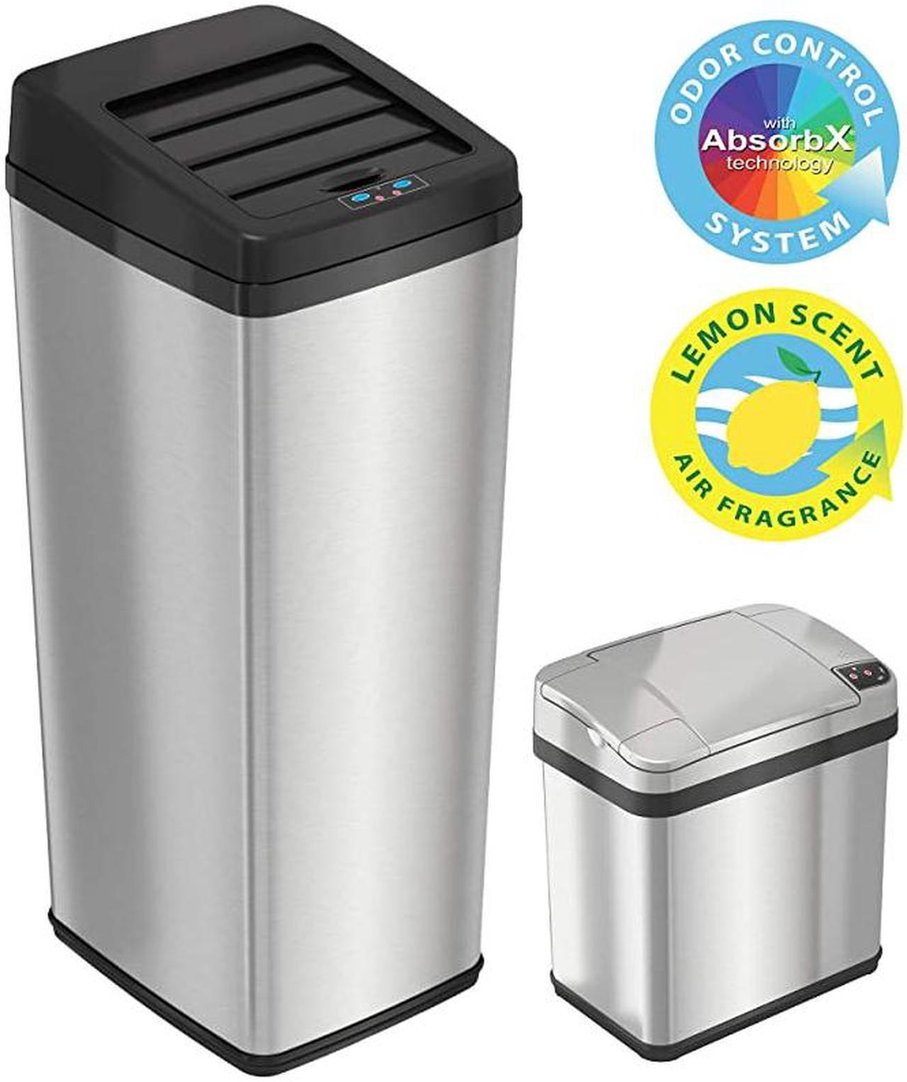 14 Gallon and 2.5 Gallon Sensor Trash Cans with AbsorbX Odor Control System, Kitchen and Bathroom Automatic Garbage Bins, Combo, Stainless Steel/Stainless Steel