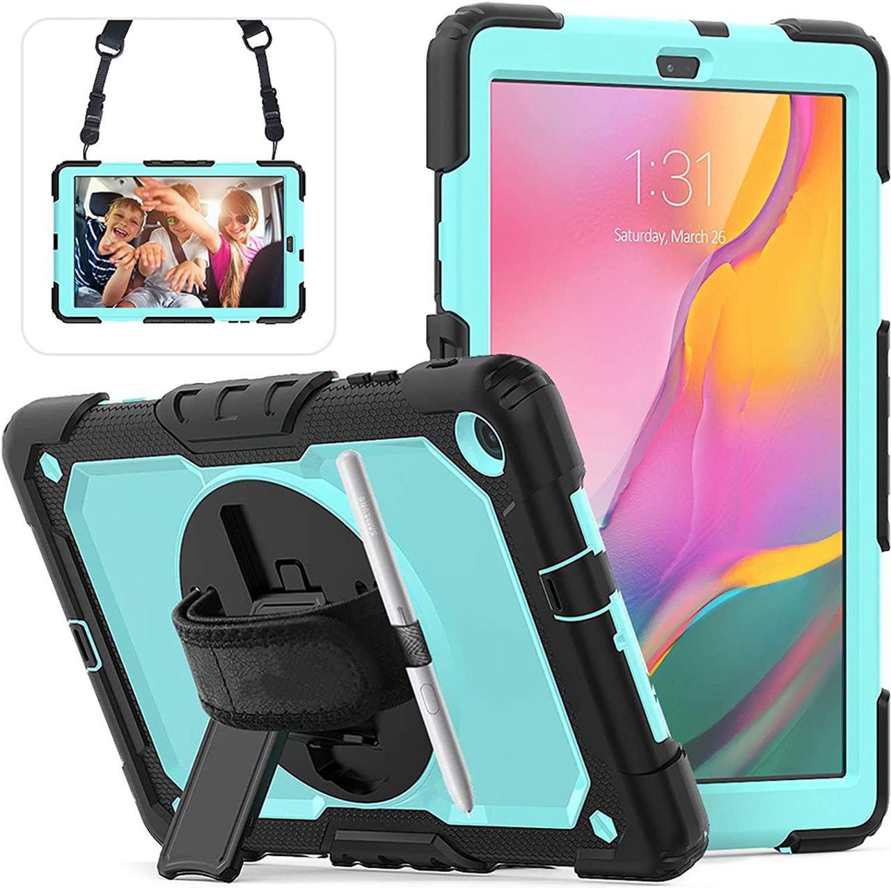 Galaxy Tab A 10.1 Case 2019 with Screen Protector,  High Impact Resistant Drop Proof Armor Protective Case with Hand Strap/Shoulder Strap/Rotable Stand Kids Case for SM-T510/T515 Tablet-SkyBlue