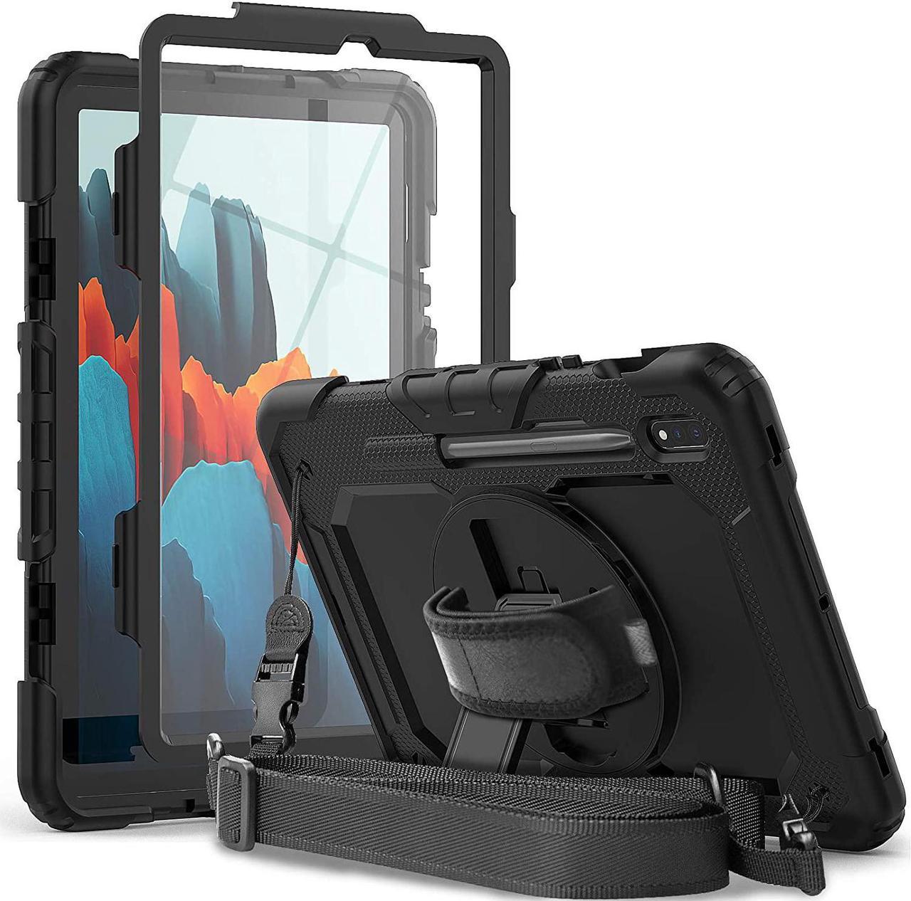 Samsung Galaxy Tab S7/S8 Case 11 Inch |  Tab S7/S8 Case with Pen Holder Screen Protector | Heavy Duty Shockproof Rugged Silcone Protective Cover W/Stand Shoulder Strap for Samsung S8/S7 | Black