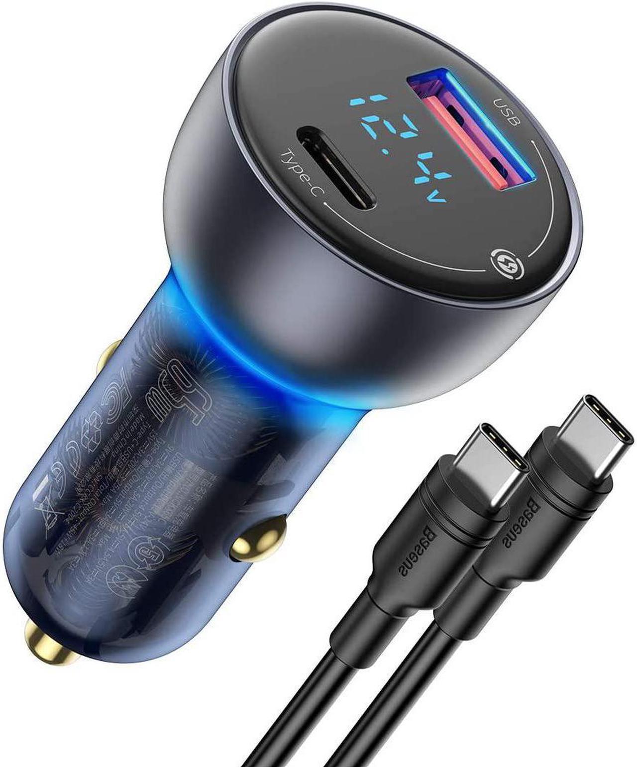 USB C Car Charger, Baseus 65W Fast USB Car Charger, PD3.0 & QC4.0 Dual Port Car Adapter with LED Display and 100W USB C Cable for USB-C Laptop, MacBook, iPhone 12, Galaxy S20, iPad Pro, Pixel - CCKX