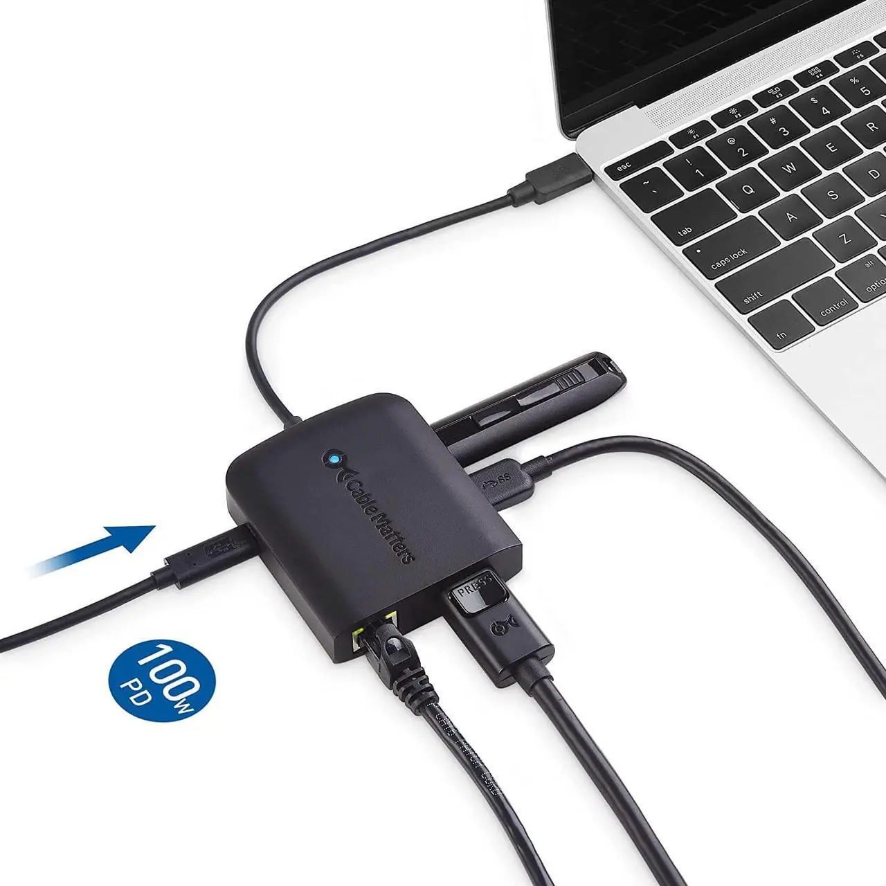 Alt view image 4 of 7 - Cable Matters USB C Multiport Adapter (USB C Hub DisplayPort 1.4), 2X USB 2.0, 480Mbps Ethernet, and 100W Charging in Black - Thunderbolt 4 / USB4 / Thunderbolt 3 Port Compatible with MacBook Pro