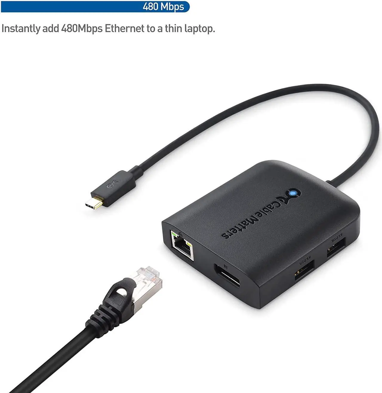 Alt view image 5 of 7 - Cable Matters USB C Multiport Adapter (USB C Hub DisplayPort 1.4), 2X USB 2.0, 480Mbps Ethernet, and 100W Charging in Black - Thunderbolt 4 / USB4 / Thunderbolt 3 Port Compatible with MacBook Pro