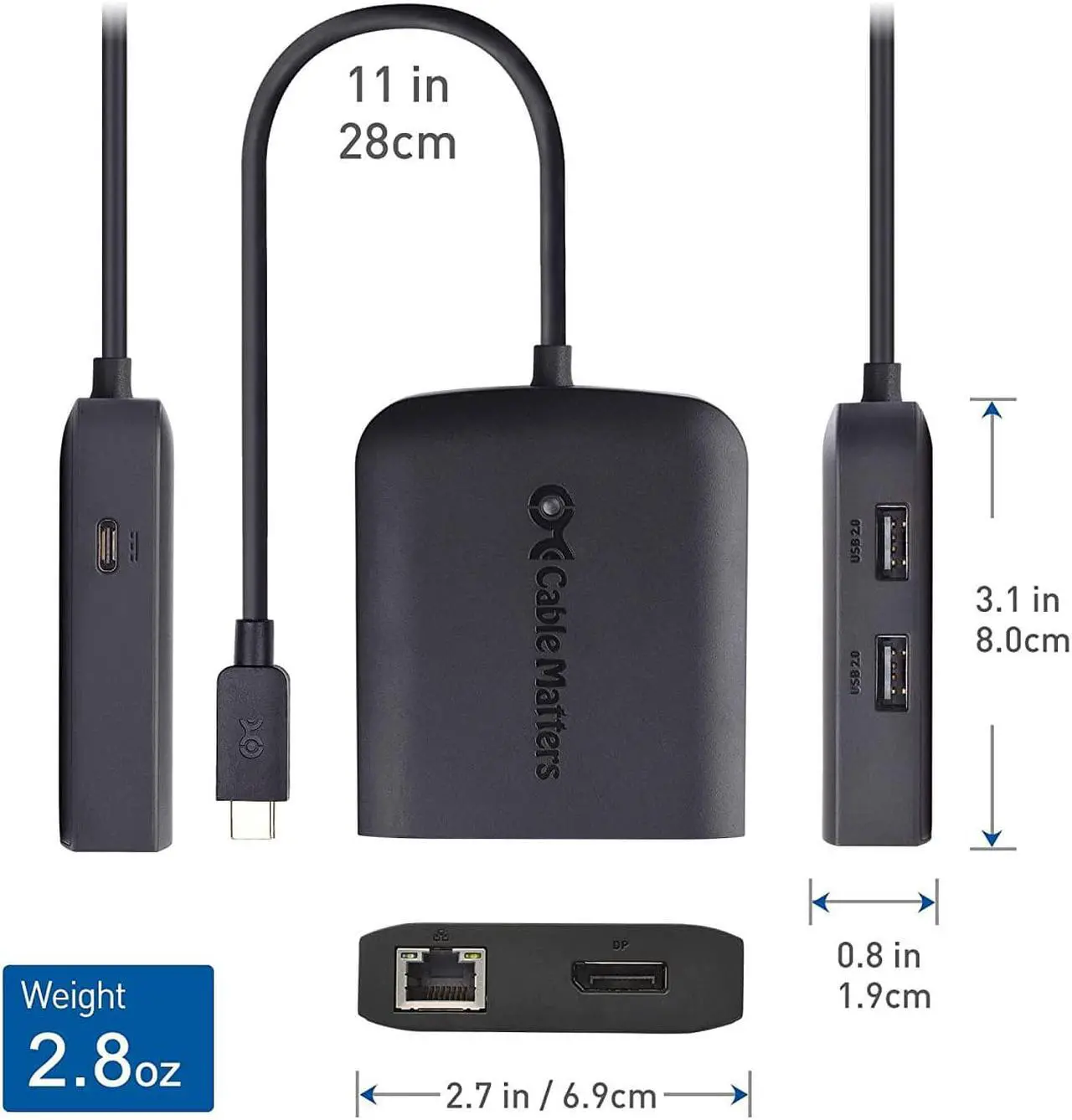 Alt view image 6 of 7 - Cable Matters USB C Multiport Adapter (USB C Hub DisplayPort 1.4), 2X USB 2.0, 480Mbps Ethernet, and 100W Charging in Black - Thunderbolt 4 / USB4 / Thunderbolt 3 Port Compatible with MacBook Pro