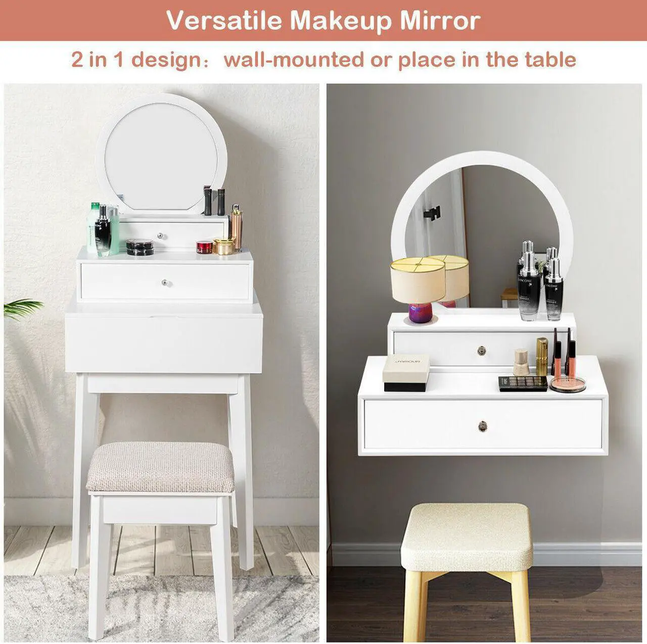 Alt view image 5 of 6 - Costway Wall Mounted Vanity Makeup Dressing Home Furniture 2Drawer