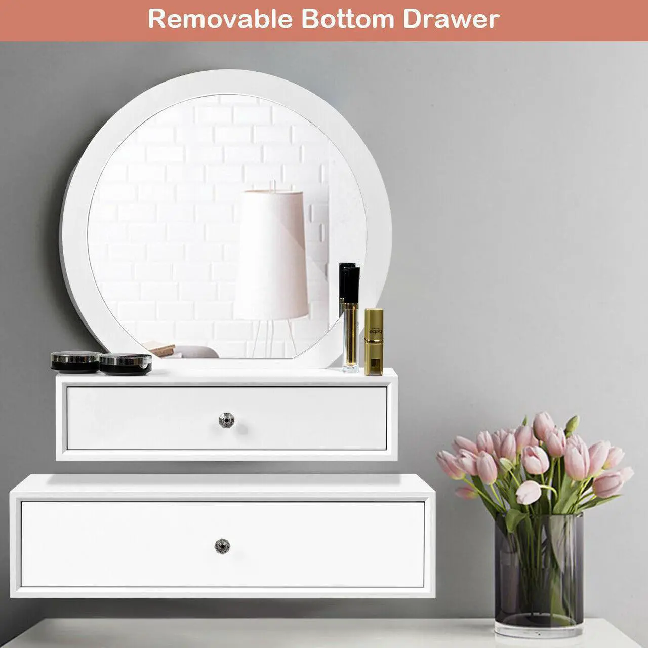 Alt view image 6 of 6 - Costway Wall Mounted Vanity Makeup Dressing Home Furniture 2Drawer