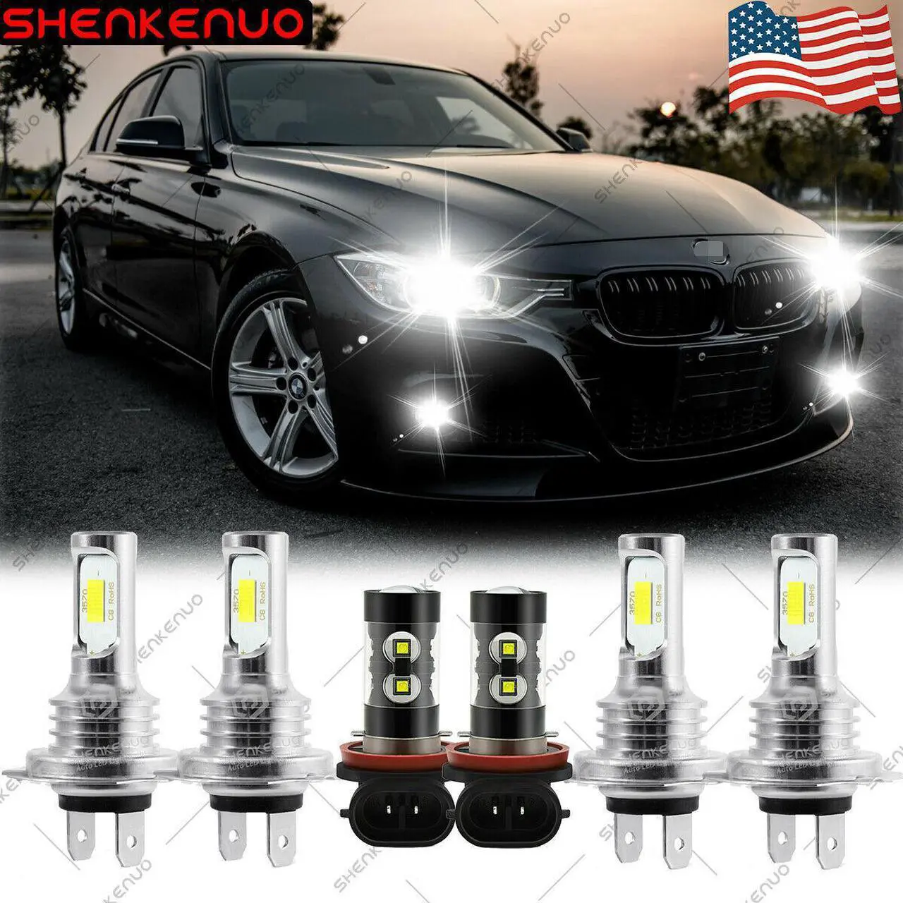 Main image of For  328i 2007-2016 6PC Bulbs LED Headlights Hi/Low Beams + Fog Lights 6000K