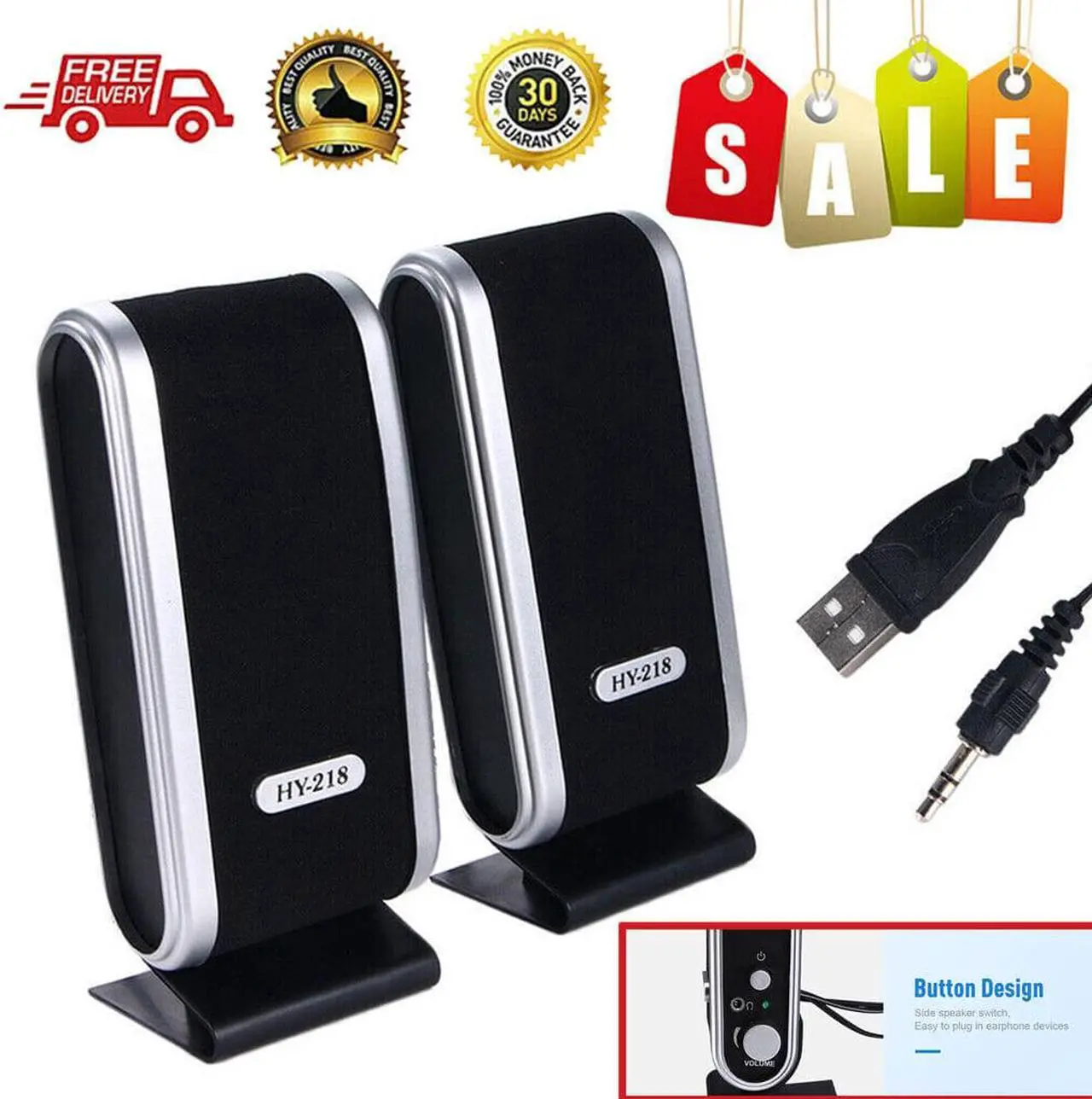 Main image of 2Pcs USB Power Wired Computer Speakers Stereo 3.5mm Jack For Desktop PC Laptop