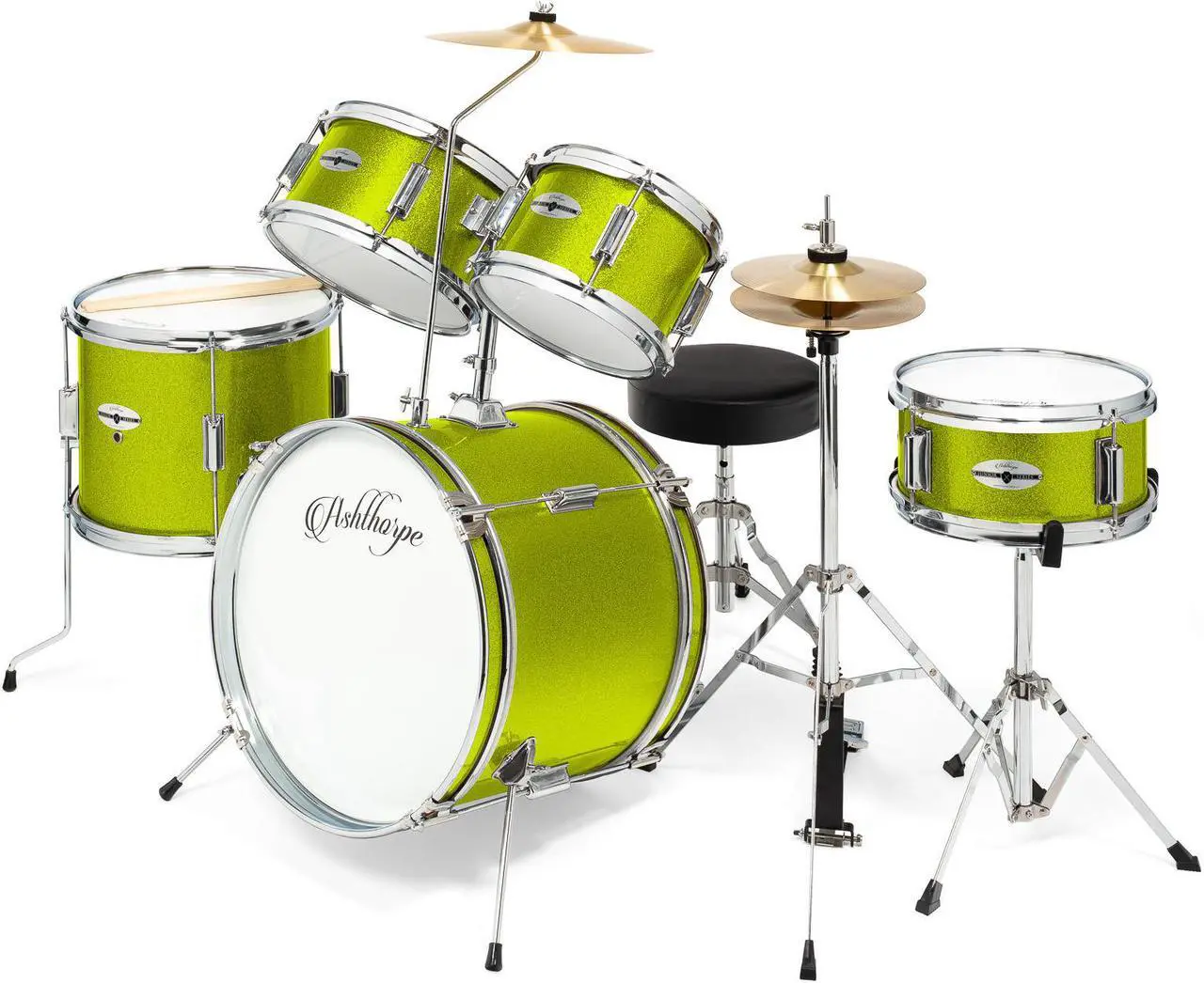 Main image of Ashthorpe 5-Piece Complete Junior Drum Set with Genuine Brass Cymbals - Advanced Beginner Kit with 16" Bass, Adjustable Throne, Cymbals, Hi-Hats, Pedals & Drumsticks - Green