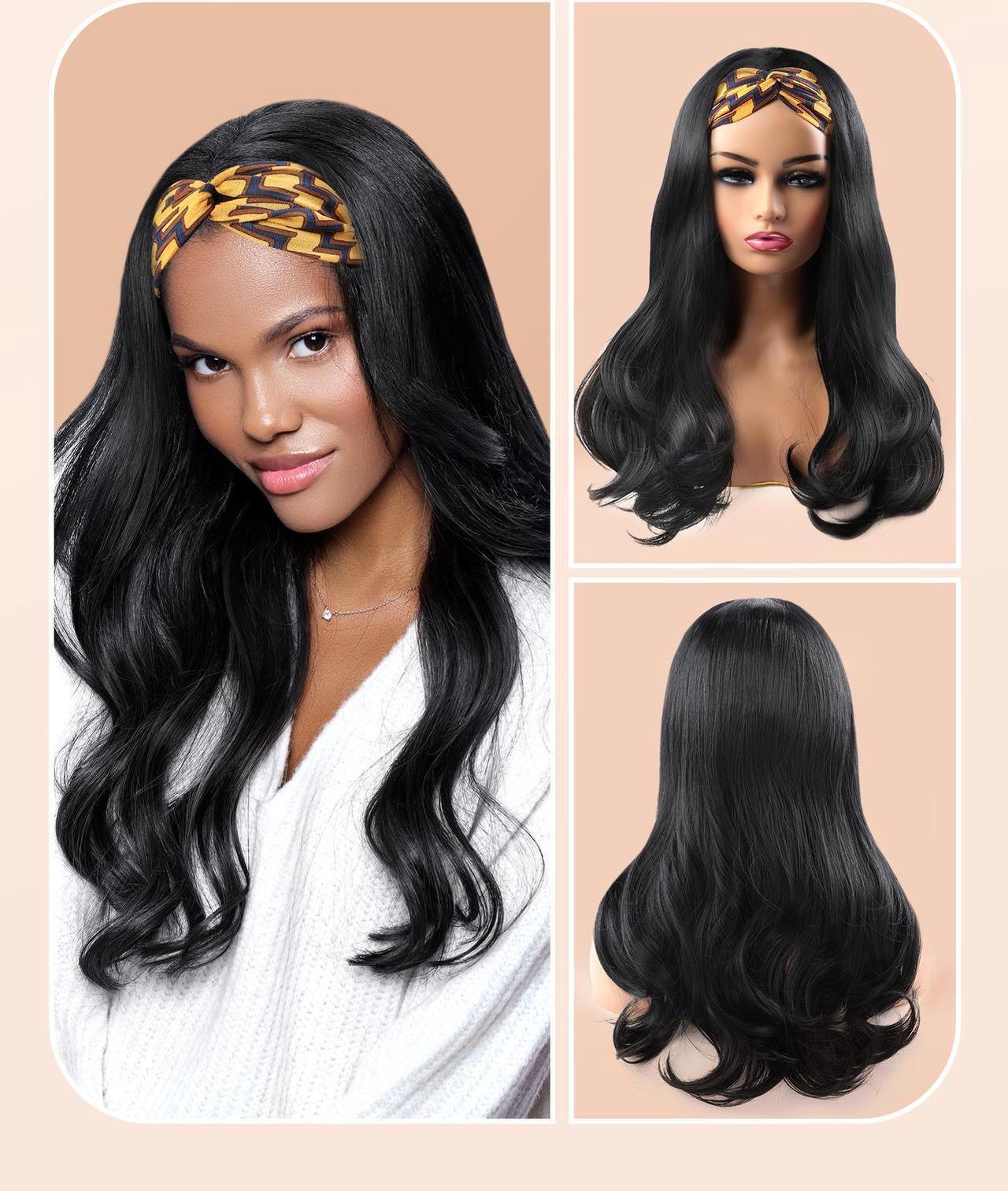Alt view image 5 of 6 - Headband Wigs for Women Long Black Wig Natural Looking Wavy Hair Wigs Synthetic