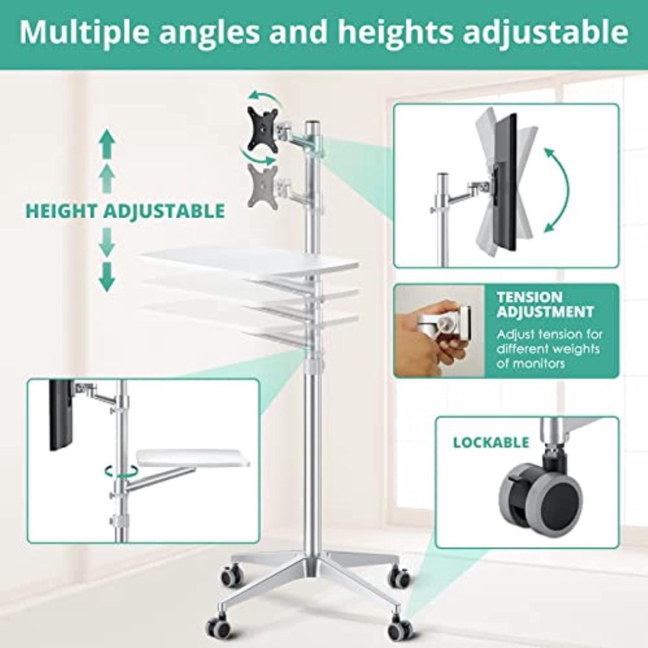 Alt view image 3 of 7 - Mobile Desk,Mobile Workstation,Mulitiuse Rolling Laptop Floor Stand,34"-48.6" Height Adjustable,Compatible With 17"-27"Monitor&12"-17"Laptop,21"×14" Desk Board,Maxload 17.6Lbs,4 Lockable W
